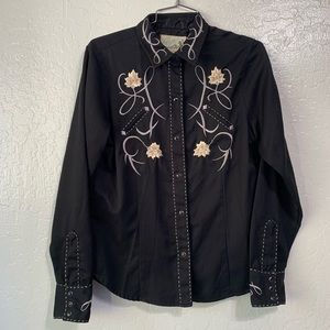Roper Black Embroidered Snap Button Up Western Rodeo Cowgirl Top